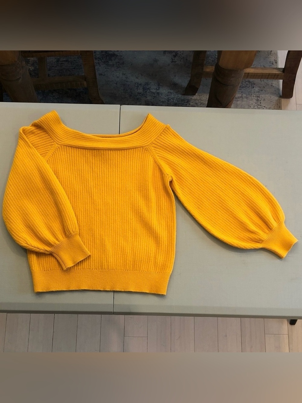 Moth Off the Shoulder Ribbed Sweater in Mustard